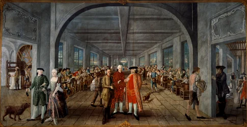 Wetter Brothers Indian Fabric Factory A bal oldalon Mr. és Mrs. Jean Rodolphe (Jean-Rodolphe) Wetter gazdagon vetus. A központban egy munkás egy nyomatlapot ad a gyárigazgatónak, Pierre Pignet-nek, mögöttük a dolgozó munkásoknak. Jobb oldalon egy darab