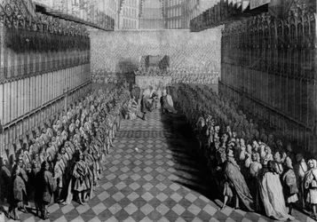 Vilmos herceg felajánlja kardját a dékánnak az oltárnál, a zászlóik alatt álló lovagok, 1730-ban megjelent, J. Pine metszet