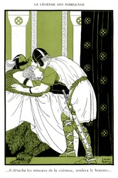 A Nibelunge legendája: Siegfried átöleli a Walkűr Brunnhildet (kromolitográfia)