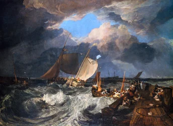 Calais-i móló francia poissardokkal tengerre készülve: angol csomag érkezése, 1803