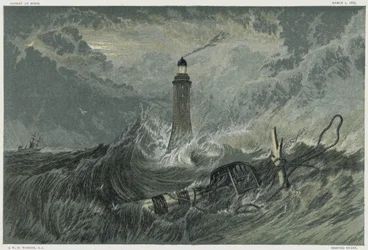 Eddystone világítótorony, amelyet John Smeaton angol civil mérnök épített az Eddystone-sziklán 1757-1759 között. Kromolitográfia JMW Turner festménye után.