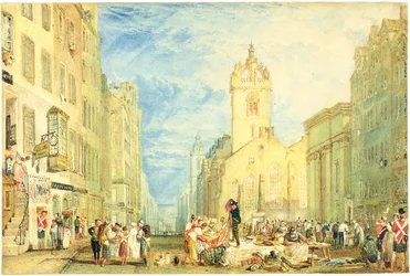 High Street, Edinburgh, 1818 körül (akvarell, toll, tinta, grafit és karcolás szőtt papíron)