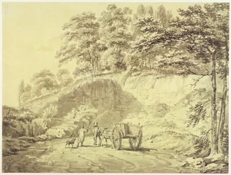 Férfi lóval és szekérrel belép a kőbányába, 1797 körül (grafit és szürke mosás papíron)