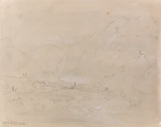 Hegyvidéki táj várossal a völgyben, 1840 körül (grafit és szürke mosás papíron)