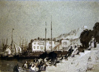 East Cowes, Wight-sziget kilátása (toll és tinta, valamint testszín kék papíron)