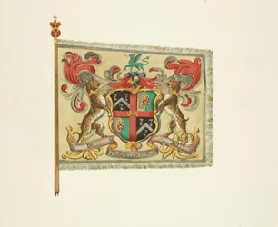 A borbélyok és sebészek zászlója „De Praescientia Dei” felirattal, 1833 körül (ceruza, akvarell és testfesték papíron)