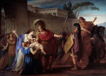 Hektor és Andromakhé búcsúja. Hektor a trójai háborúba indul, és elhagyja feleségét és fiát, Asztüanaxot. Joseph Marie Vien (1716-1809) festménye, 1786. Nap. 3,29 x 4,25 m