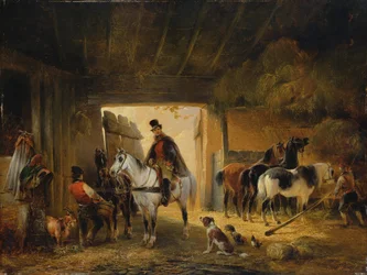 Egy lovas, aki a lovát itatja egy istállóban, 1840