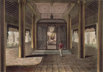 Egy katona áll egy rangooni templomban, metszet: George Hunt, 1825 (színes aquatinta)