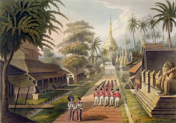 A Rangooni Nagy Dagon Pagoda fő megközelítése, 3. tábla a „Rangoon Views”-ból, T. Fielding metszet, 1825 (akvatinta)