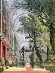 Belső nézet a Crystal Palace-ról, Hyde Parkról, amely bemutatja a Nagy Kiállítás megnyitóját 1851-ben