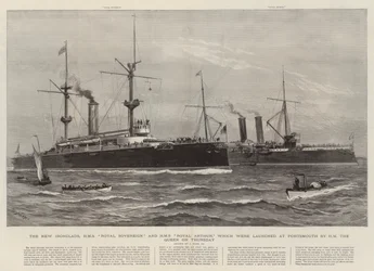 Az új vashajók, a HMS Royal Sovereign és a HMS Royal Arthur, amelyeket csütörtökön bocsátott vízre a királynő Portsmouthban.