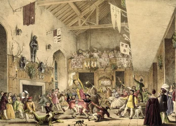 A tizenkettedik éjszakai mulatság a nagyteremben, Haddon Hall, Derbyshire, a "Architecture of the Middle Ages" című könyvből, 1838.