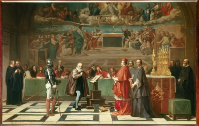 Galilea (vagy Galileo Galilei (1564-1642) a Vatikáni Szent Hivatal előtt”” A csillagászt az Inkvizíciós Törvényszék 1632-ben ítélte el Kopernikusz elméleteinek védelmében. Joseph Nicolas Robert-Fleury festménye (Robert Fleury) (1707)-1897) 1847