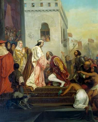 Kolumbusz Kristóf (1451-1506) spanyol királyok fogadása II. Aragóniai Ferdinánd és I. Kasztíliai Izabella (katolikusnak nevezett) királyai 1493-ban Barcelonában A felfedező fogságba esett indiánokkal tér vissza. Részlet. Joseph Nicolas Robert Fleury festmé