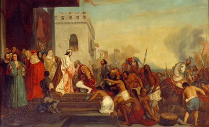 Kolumbusz Kristóf (1451-1506) spanyol királyok fogadása II. Aragóniai Ferdinánd és I. Kasztíliai Izabella (katolikusnak nevezett) királyai 1493-ban Barcelonában A felfedező fogságba esett indiánokkal tér vissza. Joseph Nicolas Robert Fleury (1797-1890) fes