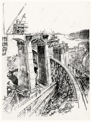 A Gatun-zsilip megközelítése, VI. tábla a Panama-csatornából, Joseph Pennell, 1912 (szén papíron)