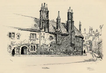 Régi Charterhouse: A Washhouse Court külső homlokzata a belső átjáróval, 1886