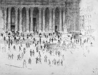 Lépésekkel kilép a Szent Pál-székesegyház nyugati előteréből, London City, 1900