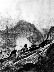 A Culebra kivágása, XIII. tábla a Panama-csatornából, Joseph Pennell, 1912 (szén papíron)