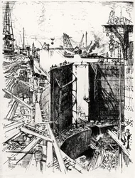 Az őrkapu Gatunban, V. tábla a Panama-csatornából, Joseph Pennell, 1912 (szén papíron)