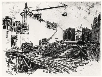 Pedron Miguel falai, XX. tábla a Panama-csatornából, Joseph Pennell, 1912 (szén papíron)