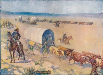 A Bullock-Waggons lassan sebzik a Billowy Plains fölött, c1908, c1920.