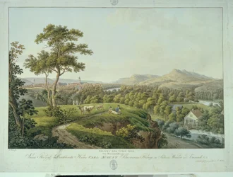 Jéna kilátása Rasenhuehlbergből, 1810 körül (rézkarc)