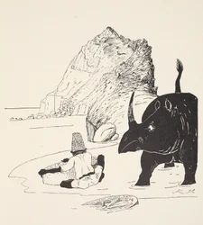 A Parsee elkezdi enni a tortáját a lakatlan szigeten. Illusztráció a „Just So Stories for Little Children”-ből, Rudyard Kipling, kocsma. London, 1951