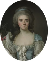 Provence grófnő (1753-1810) portréja, félalakos, türkizkék ruhában, fehér csipkeszegéllyel és szalaggal.