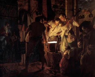 Atelier de marechal ferrant a 18. században Joseph Wright Derby festménye (1734-1797) 1771 V. 0,99x1,25 m Derby, Derby múzeum