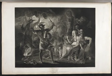 Macbeth.
IV. felvonás. I. jelenet.
Egy sötét barlang. Középen egy üst forr. Három boszorkány. Macbeth. Hekaté.
Macbeth szembenéz a boszorkányokkal és a jelenésekkel; lábainál, egy feltekeredett kígyó belsejében egy kis véres gyermek áll, és egy koronát 