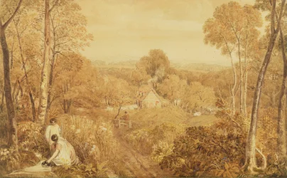 Erdős táj házikókkal és vidéki nőkkel, Hurley, Berks, 1818 (wc grafit felett, papíron)