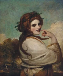 Emma, Lady Hamilton portréja, mint Bacchante, félalakos, sárga ruhában, fehér kendőben, tájban