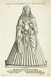 Vidua Senensis in Hetruria (Siena özvegye Toszkánában) H. Weigel Trachtenbuch-jából, 51. tábla a Woodcuts from Books of the XVI Century (Fadarabok XVI. századi könyvekből) című kötetből.