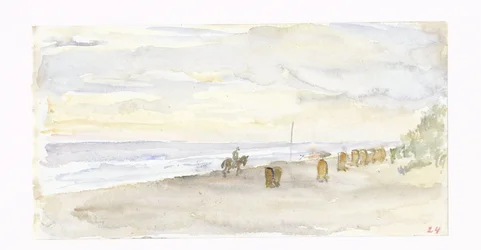 Tengerparti látkép lovassal és strandfotelekkel