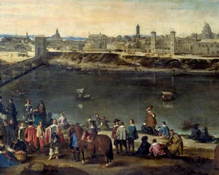 Kilátás Zaragoza városára (Zaragoza) 1646-ban A folyó mentén urakat és kereskedőket ábrázoló részlet. Juan Bautista del Mazo (1612-1667) festménye 1646 Madrid, Prado Múzeum