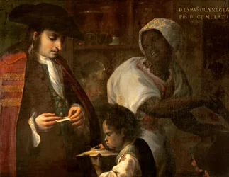 Egy spanyol és egy fekete nő mulatt lányt nemz, kb. 1715