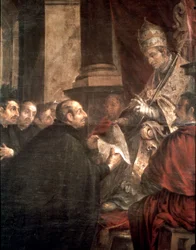 Szent Ignác átveszi III. Pál pápától a Jézus Társasága (jezsuiták) alapításáról szóló pápai bullát