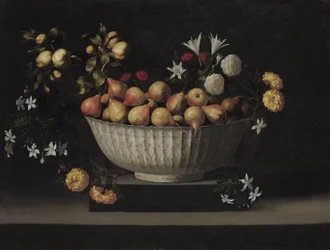 Virágok és gyümölcsök egy kínai tálban, 1645 körül