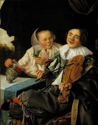 A vidám társaság: Egy hegedűs és egy nő egy pohár bort szolgál fel neki, mindketten részegek. Judith Leyster (1609-1660) festménye