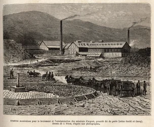 Mexikói arrastrák (öszvérek patái által letaposott terület, mint a gabona nyomtatásakor) ezüstércek őrlésére és amalgámozására (Gould és Curry gyárai) Virginia City (Nevada) környékén, metszet J. Férat rajza után, illusztráció