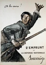 Első világháború (1914-1918): Abel Faivre (1867-1945) plakátja a nemzeti kölcsönhöz. Egy katona arra buzdítja a lakosságot, hogy fizessen elő rá: „Megszerezzük őket!” - 2. Loan de la Defense Nationale - Előfizetés