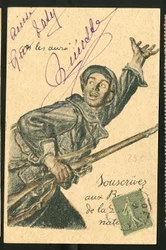 Képeslap: Jegyezzen nemzetvédelmi kötvényeket - Az 14 -18-as háború, hadviselő felek és jelképek, kölcsön, hazafias napok - Abel Faivre (1867-1945) illusztrációja