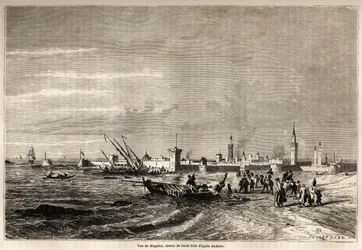 Essaouira (korábban Mogador) képe, Jules Noel (1810-1881) rajza Mr.F. illusztrálására. Schickler 1860-as marokkói utazása. Metszet a „” Le tour du monde, nouveau Journal des voyages”” című könyvben, Paris