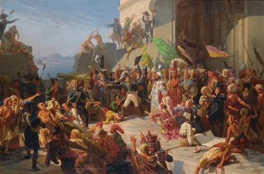 Guerre anglo-turque - guerres napoleoniennes - III. Szelim szultán (1761-1808) meglátogatta Horace Sebastiani tábornokot (1772-1851) Konstantinápoly brit flotta elleni védelme során, 1807 februárjában par Rigo, Jules Vincent (1810-1892). Olaj, vászon, mére
