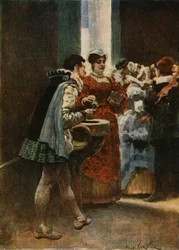 Egy templom bejáratánál Panurge vizet ad egy nőnek. Pantagruel. Illusztráció: Jules Garnier. In "Rabelais et l