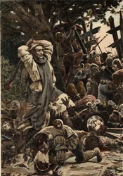 Jean testvér, a Seuille apátság szerzetese, amint egy bottal veri Picrochole, Lerne királya seregének katonáit. Gargantua. Jules Garnier illusztrációja. In "Rabelais et l