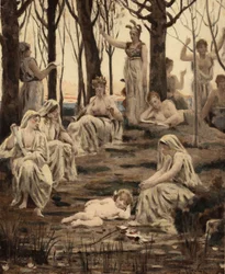Cupido (Ámor) a múzsák között alszik. Íja és nyilai a lábai. Vénusz (Aphrodité), az anyja, fent középen. Pantagruel. Jules Garnier illusztrációja. In: "Rabelais et l