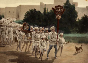 A gasztrolaterek istenük, Gaster felé haladnak, rengeteg áldozattal. A menet élén egy férfi, aki egy bot tetején Manduce nevű faszobrot visel. Pantagruel. Jules Garnier illusztrációja. In: "Rabelais et l